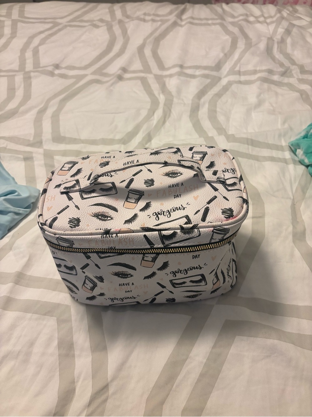 Cosmetic Train Case with Makeup Print - White & Black